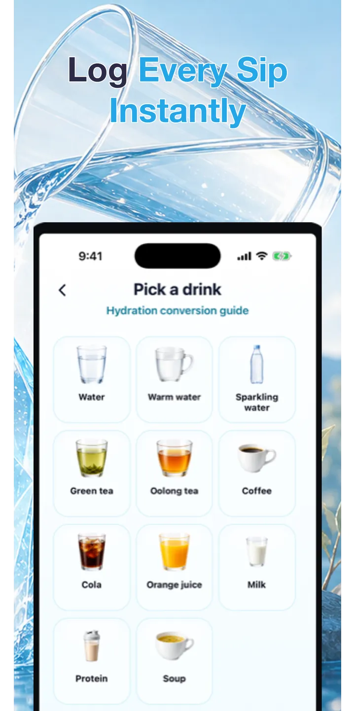 Aqualia history screenshot showing today’s logged drinks and totals