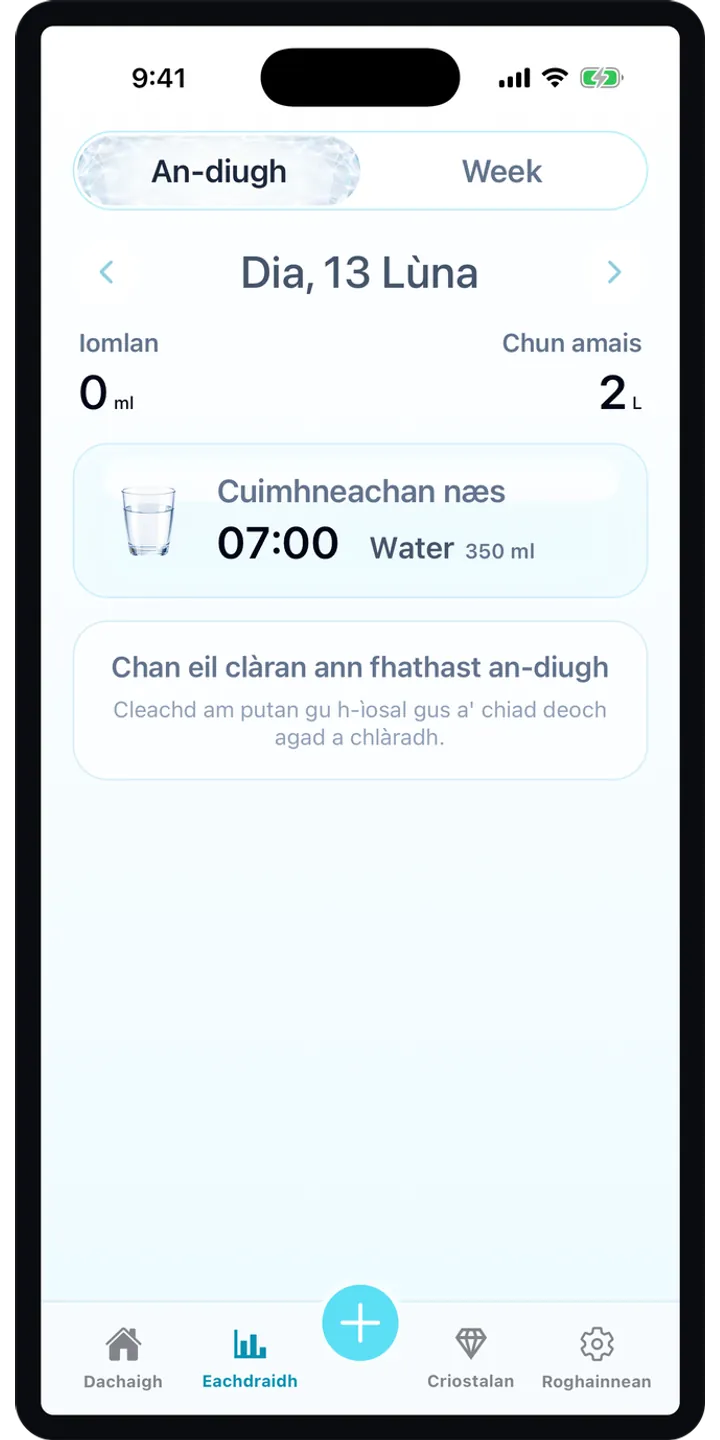 Aqualia reminder plan screenshot showing the next suggested drink and timeline