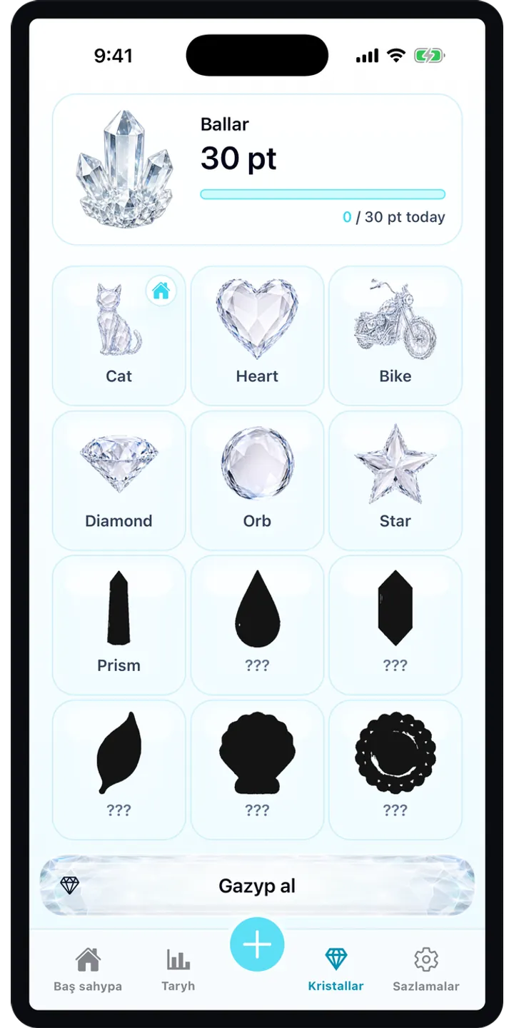 Aqualia collection screenshot showing unlocked crystal items