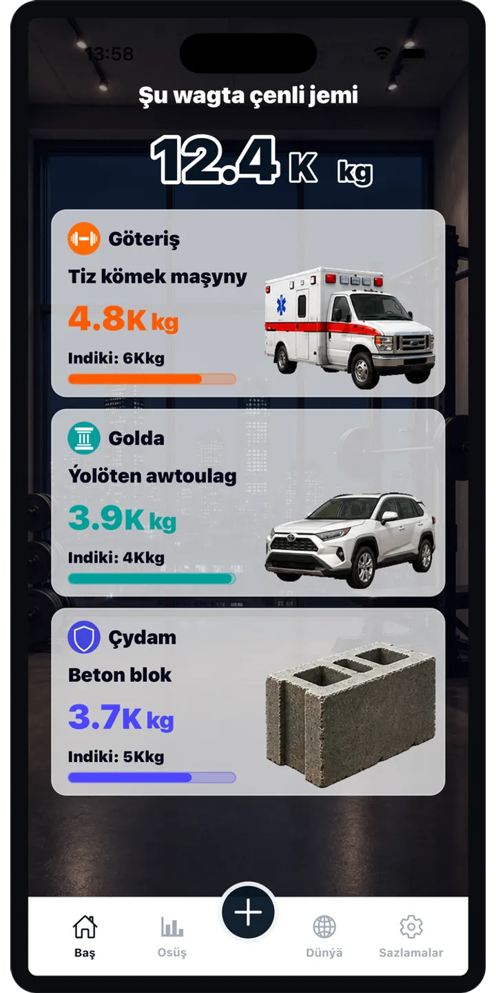 AtlasLift home screen showing total lifted weight, current position, and today’s workout