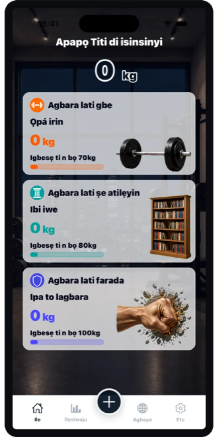 AtlasLift home screen showing total lifted weight, current position, and today’s workout
