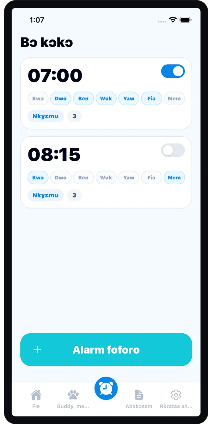 BrainUp home screen screenshot showing the next alarm and morning overview