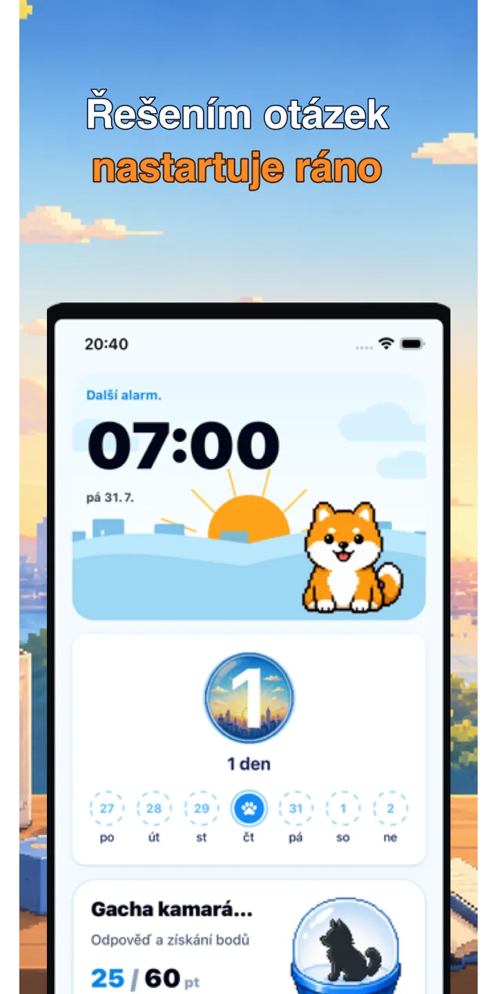 BrainUp morning result screenshot showing the brain boot score and shiba stamp reward