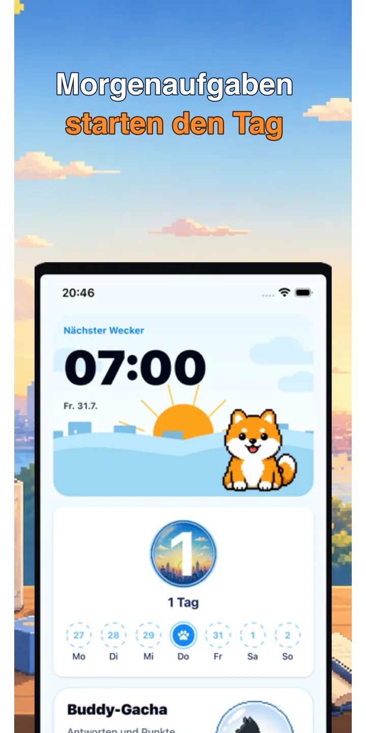 BrainUp morning result screenshot showing the brain boot score and shiba stamp reward