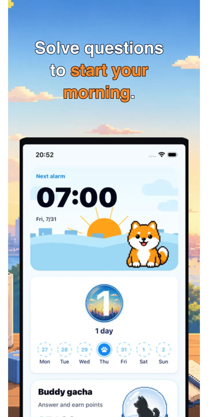 BrainUp morning result screenshot showing the brain boot score and shiba stamp reward
