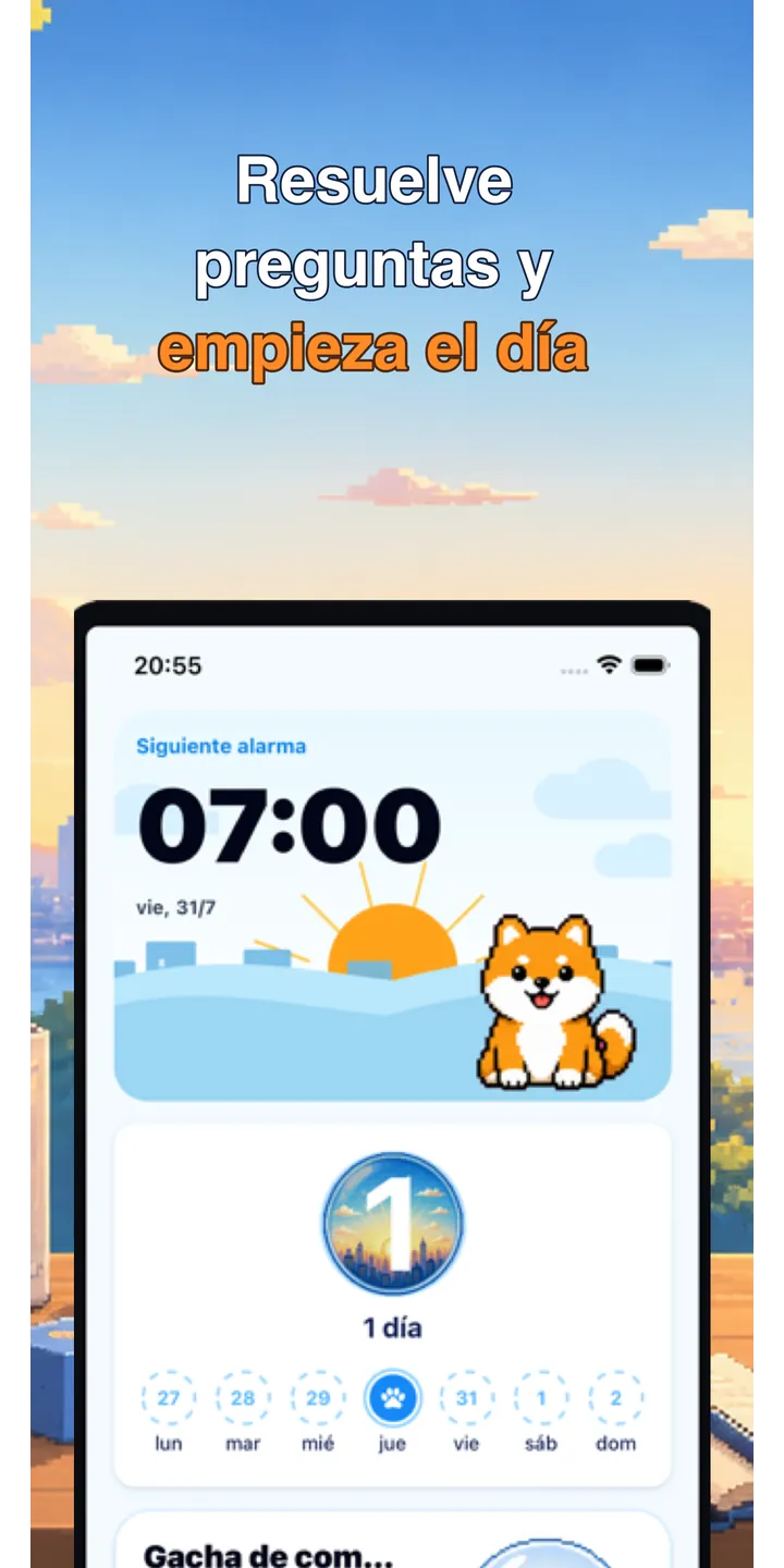 BrainUp morning result screenshot showing the brain boot score and shiba stamp reward