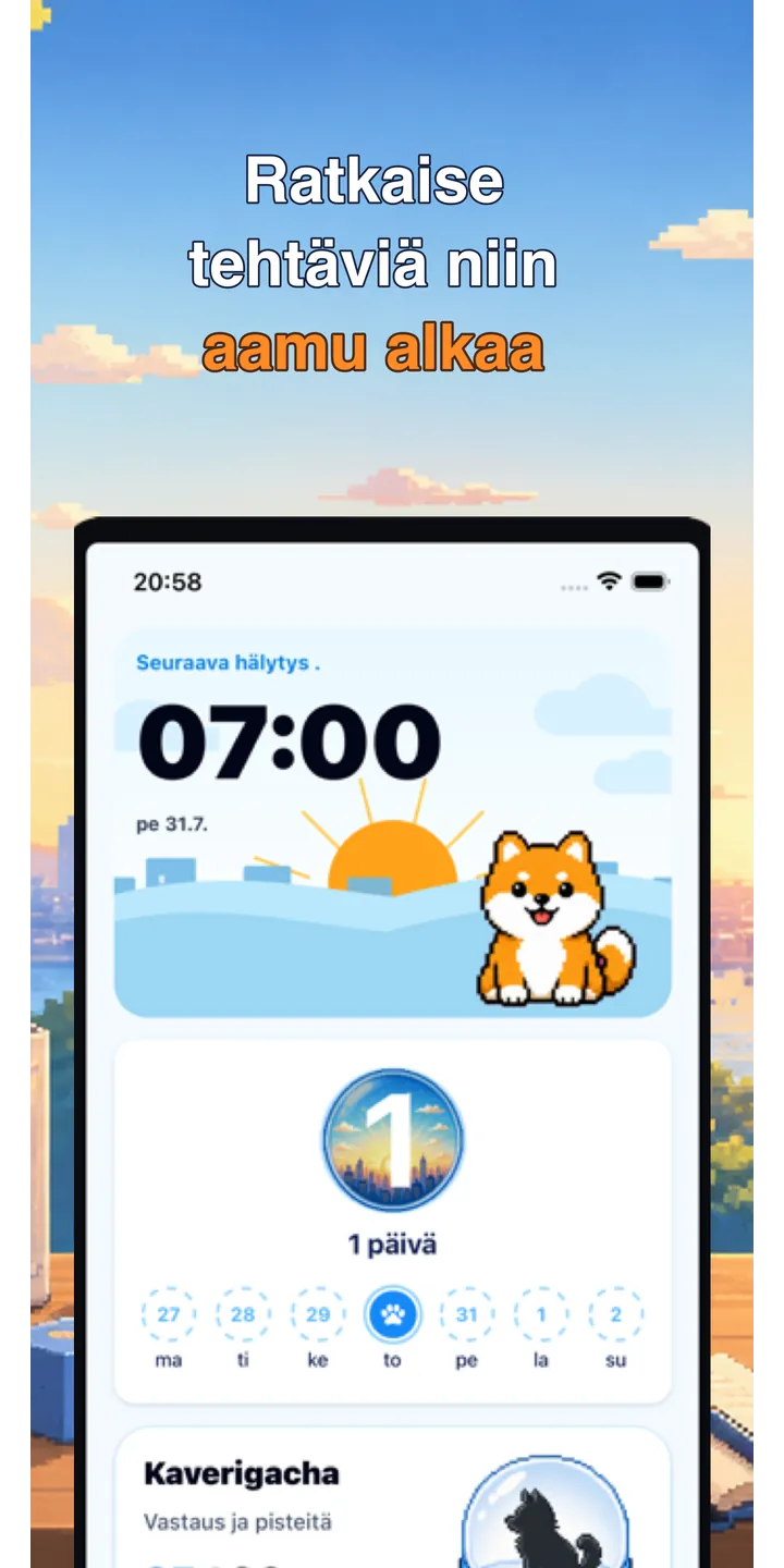 BrainUp morning result screenshot showing the brain boot score and shiba stamp reward