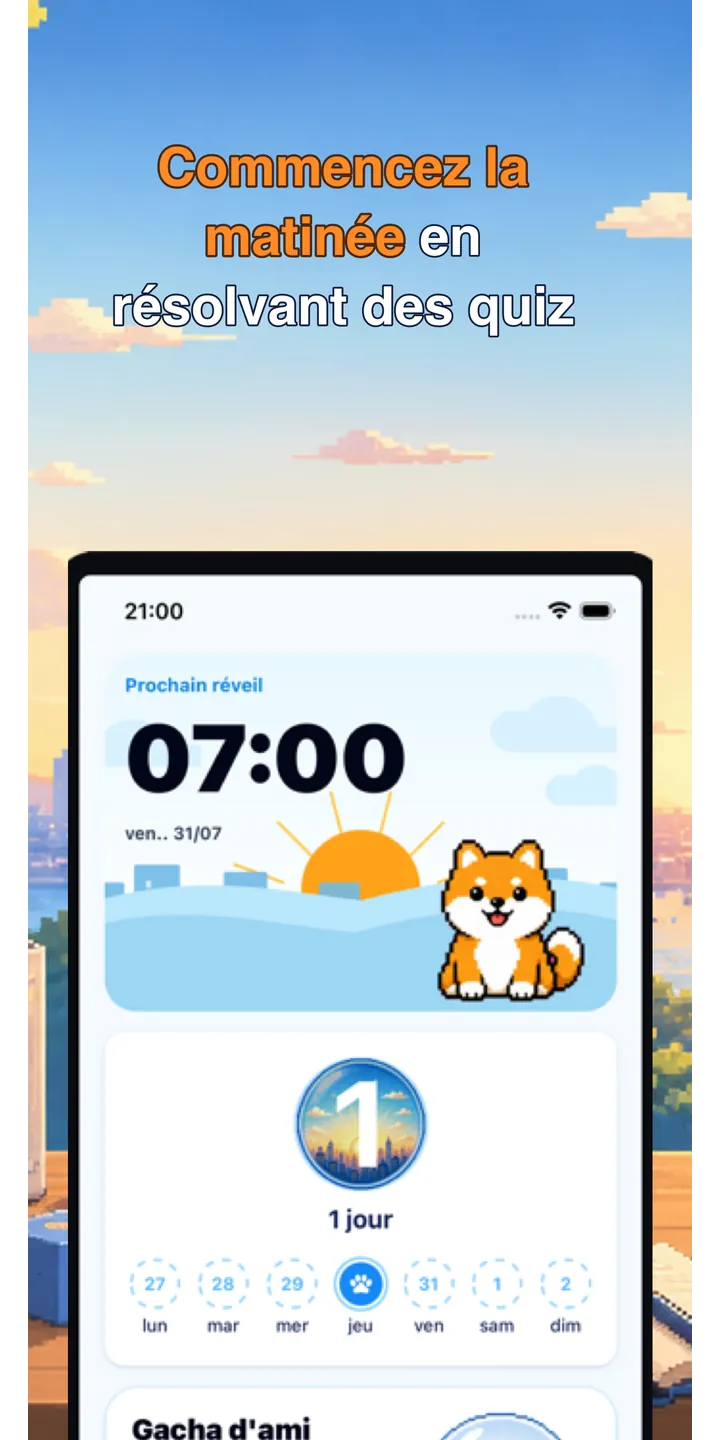 BrainUp morning result screenshot showing the brain boot score and shiba stamp reward