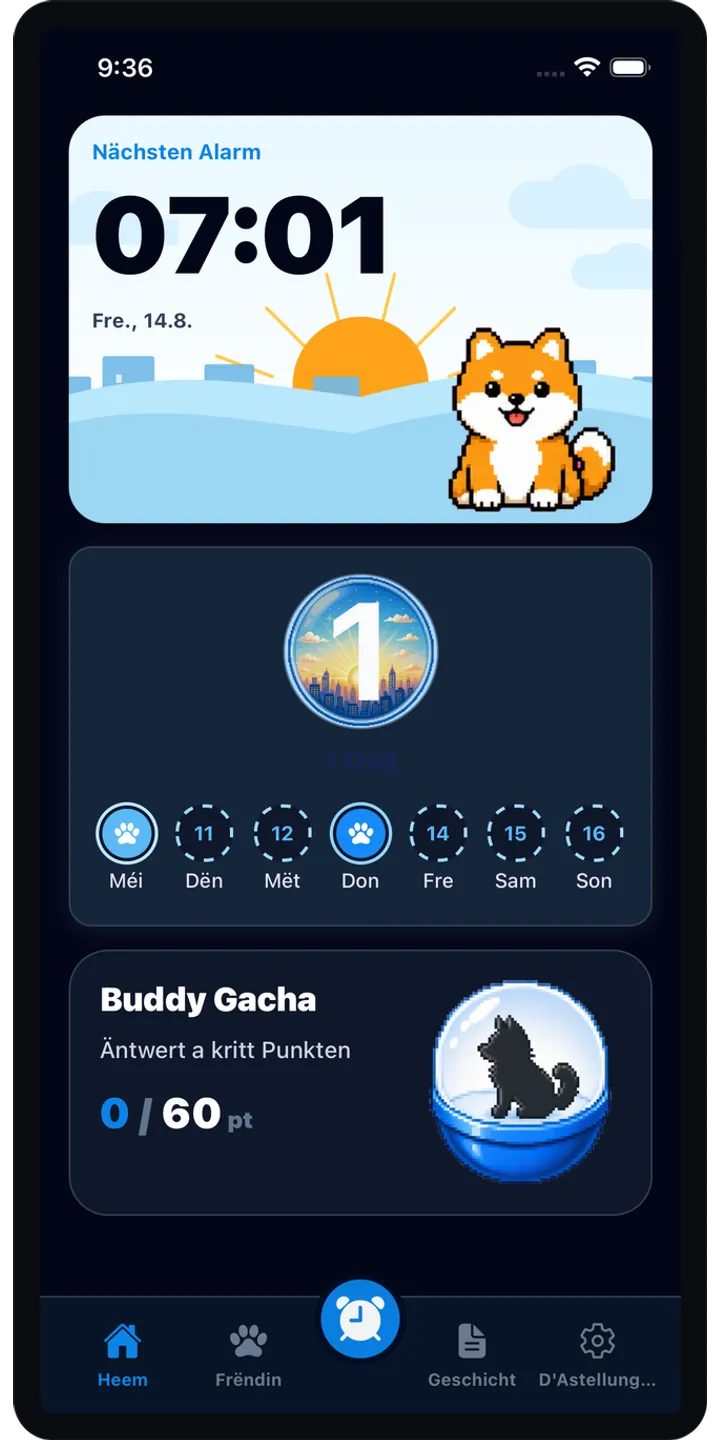BrainUp home screen screenshot showing the next alarm and morning overview
