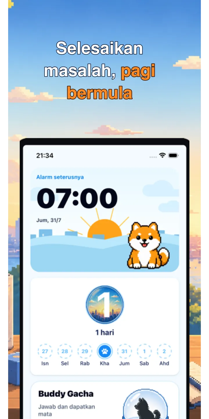 BrainUp morning result screenshot showing the brain boot score and shiba stamp reward