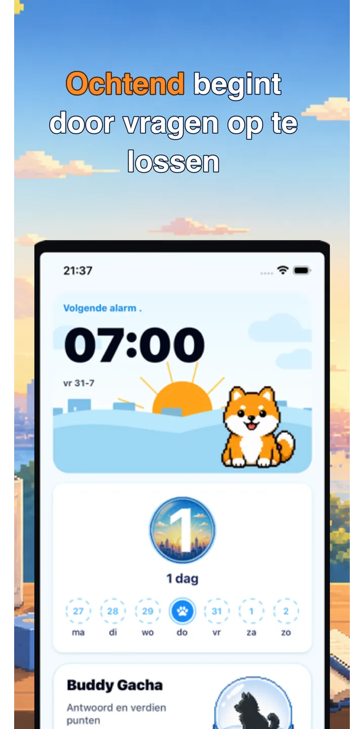 BrainUp morning result screenshot showing the brain boot score and shiba stamp reward
