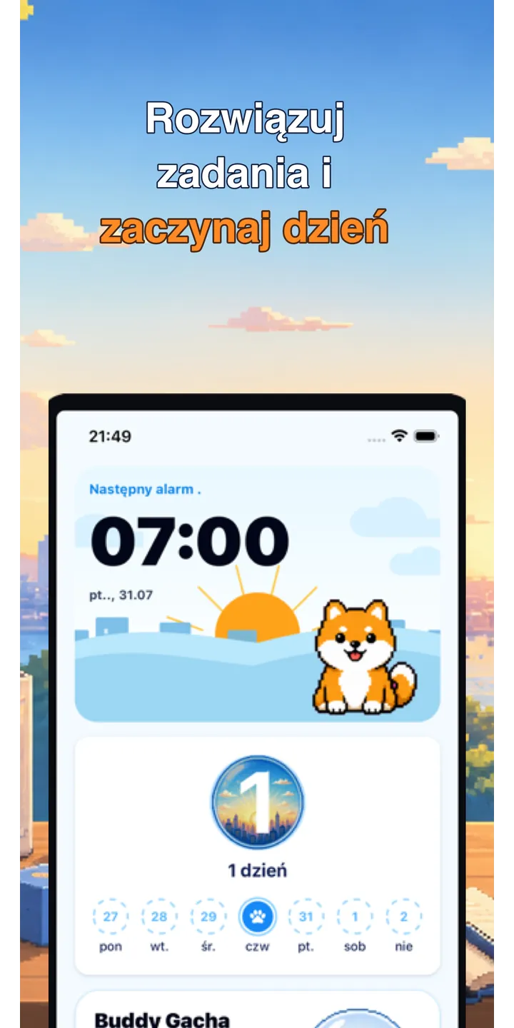 BrainUp morning result screenshot showing the brain boot score and shiba stamp reward