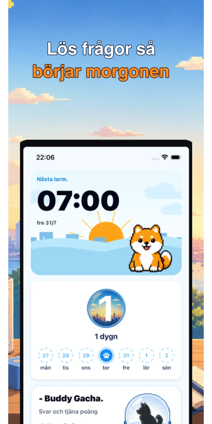 BrainUp morning result screenshot showing the brain boot score and shiba stamp reward