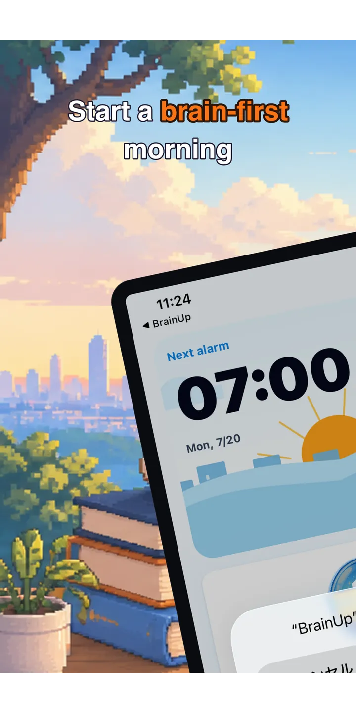 BrainUp home screen screenshot showing the next alarm and morning overview
