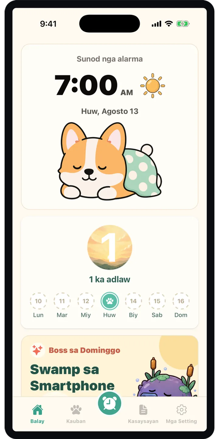 HealthUp home screen screenshot showing the next alarm and morning overview