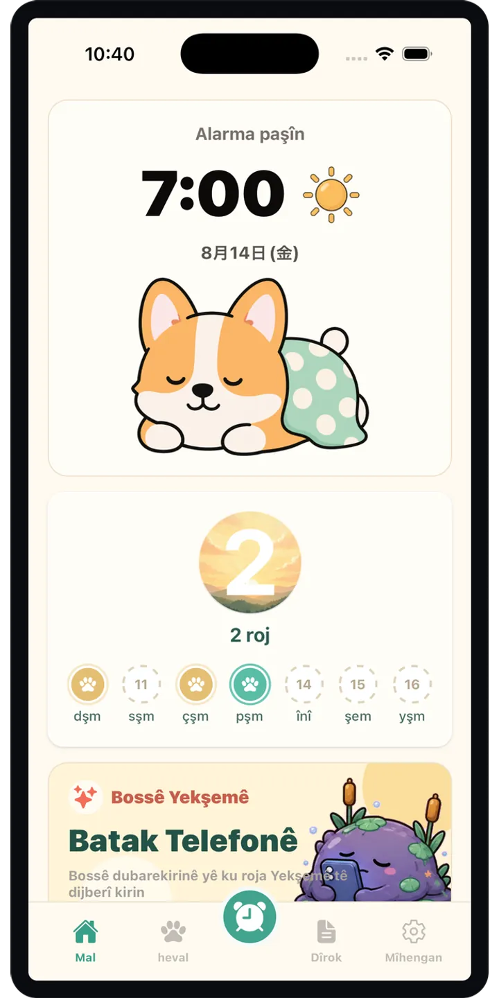HealthUp home screen screenshot showing the next alarm and morning overview