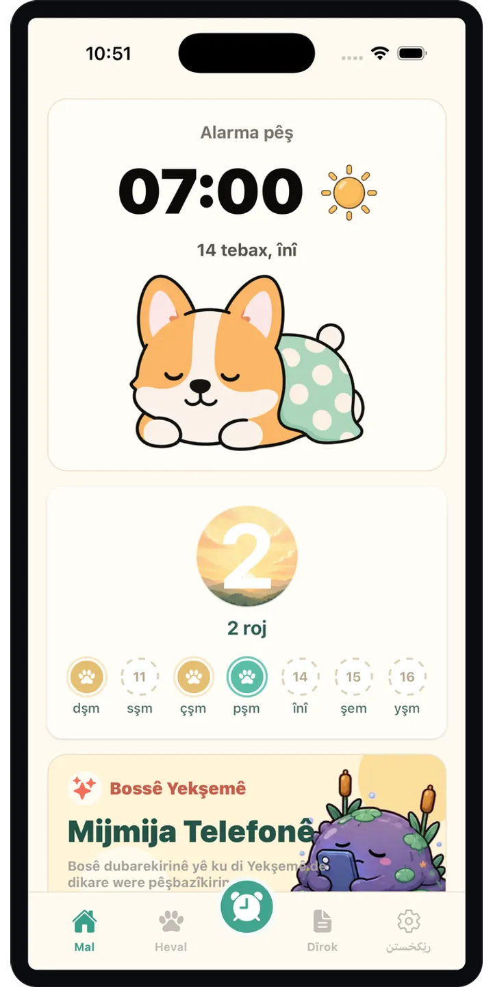 HealthUp home screen screenshot showing the next alarm and morning overview