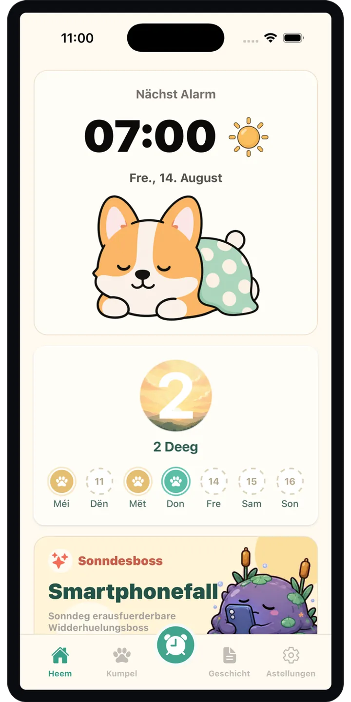 HealthUp home screen screenshot showing the next alarm and morning overview
