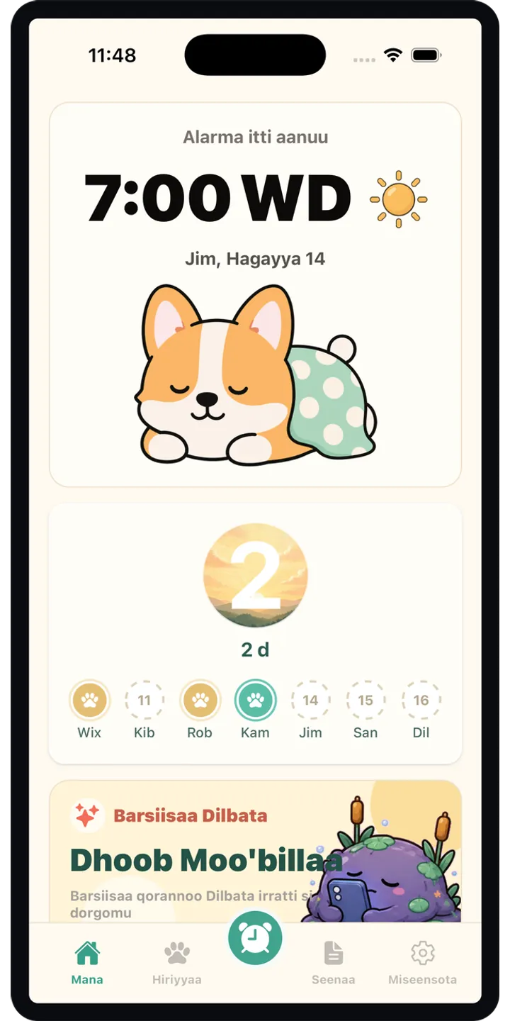 HealthUp home screen screenshot showing the next alarm and morning overview