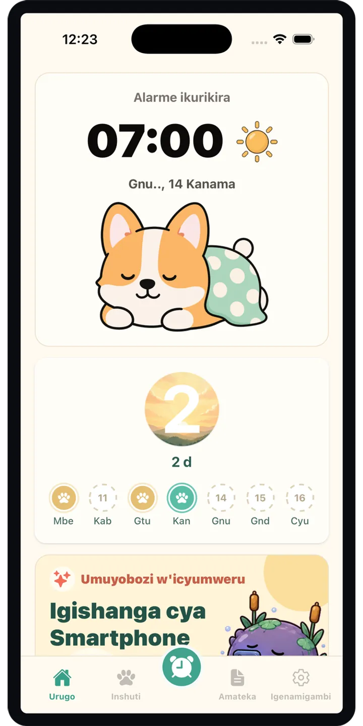 HealthUp home screen screenshot showing the next alarm and morning overview
