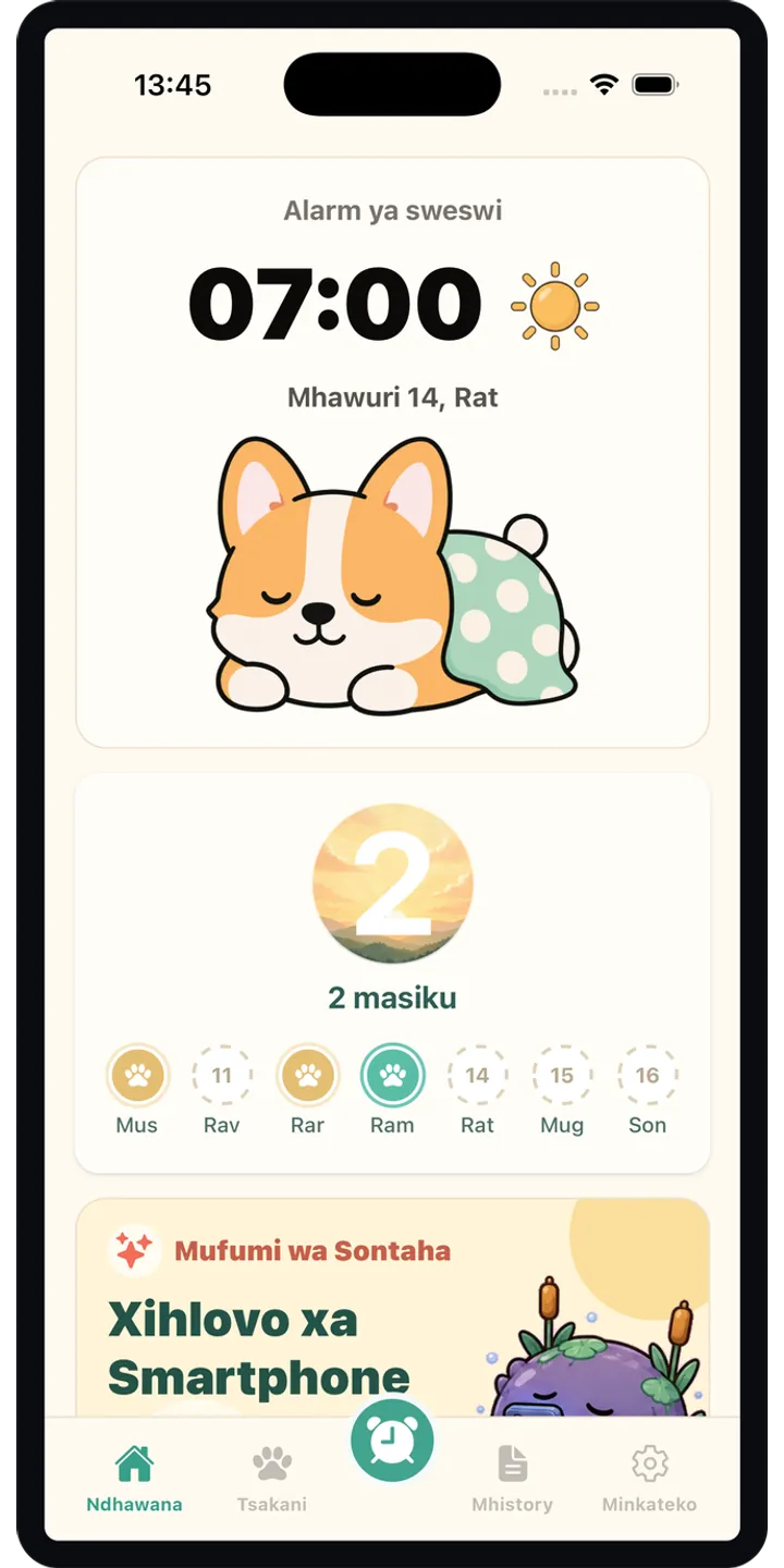 HealthUp home screen screenshot showing the next alarm and morning overview