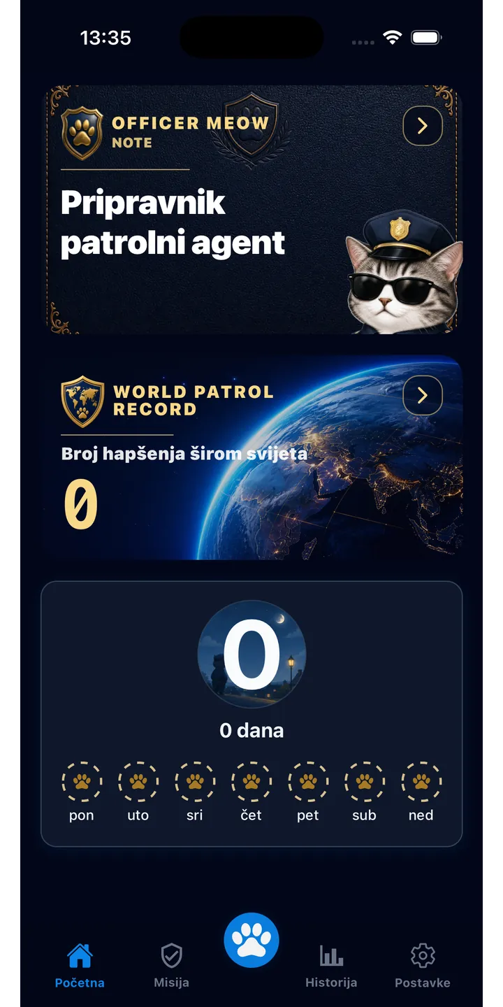 Officer Meow home screen showing today’s focus patrol
