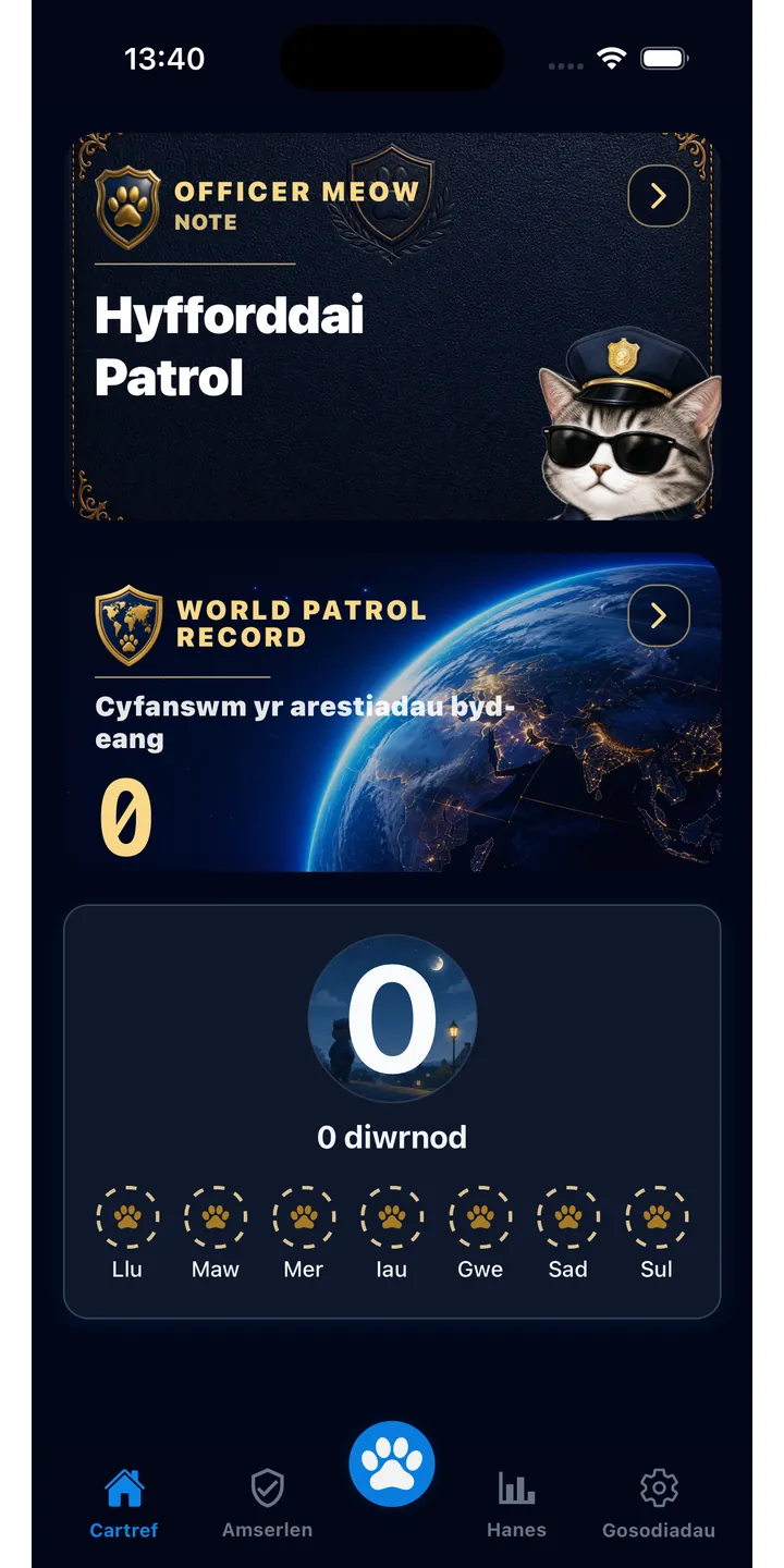 Officer Meow home screen showing today’s focus patrol