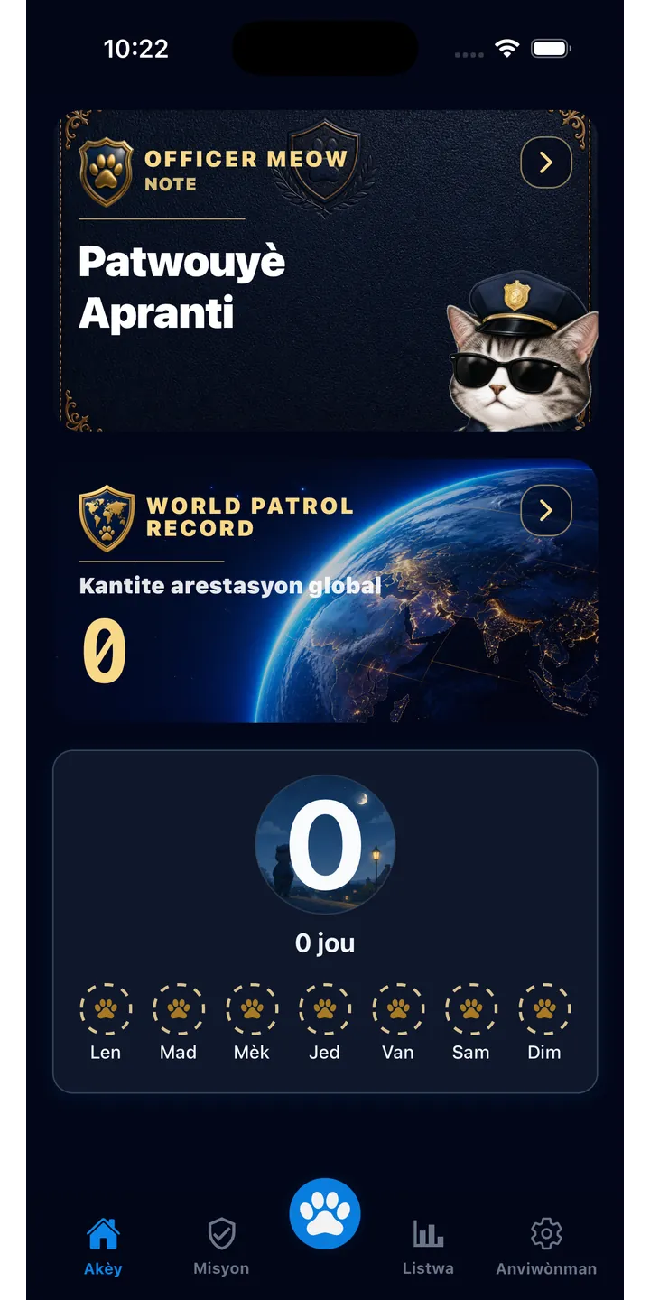 Officer Meow home screen showing today’s focus patrol
