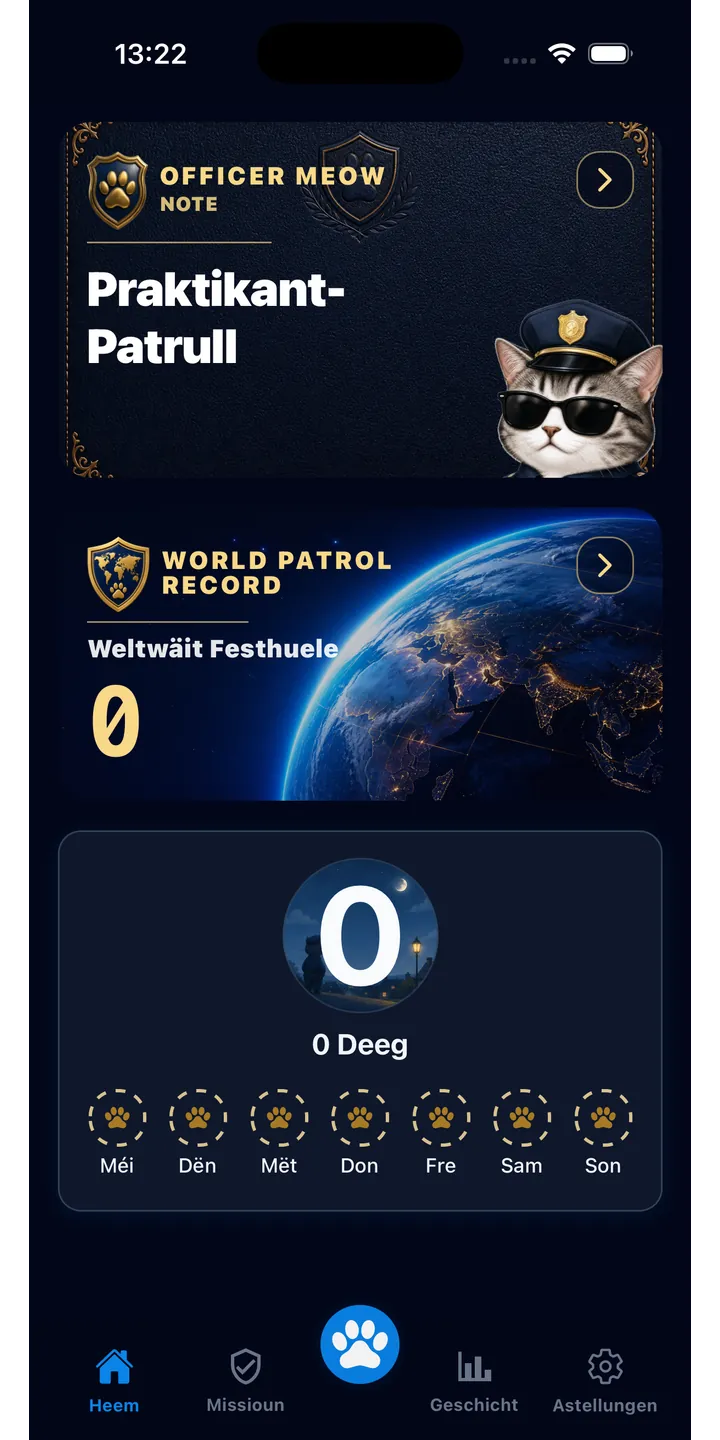 Officer Meow home screen showing today’s focus patrol