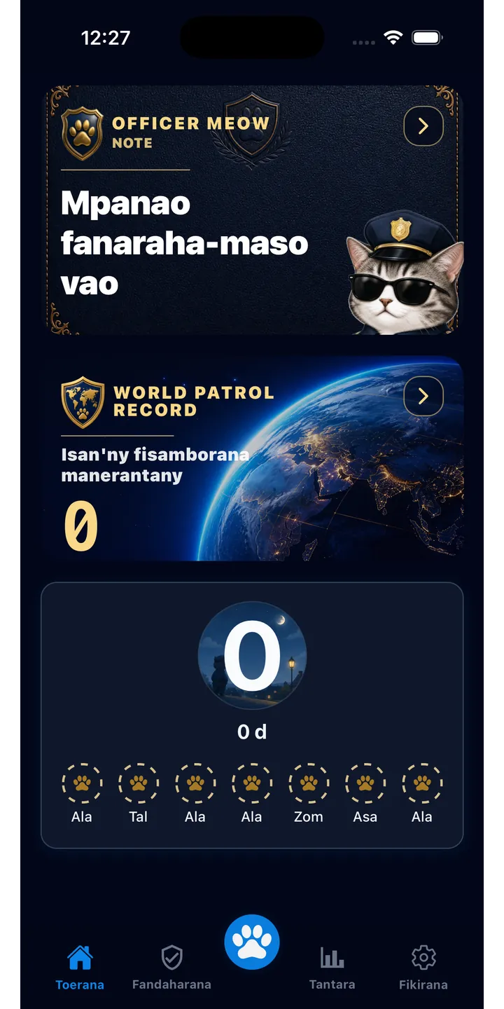 Officer Meow home screen showing today’s focus patrol