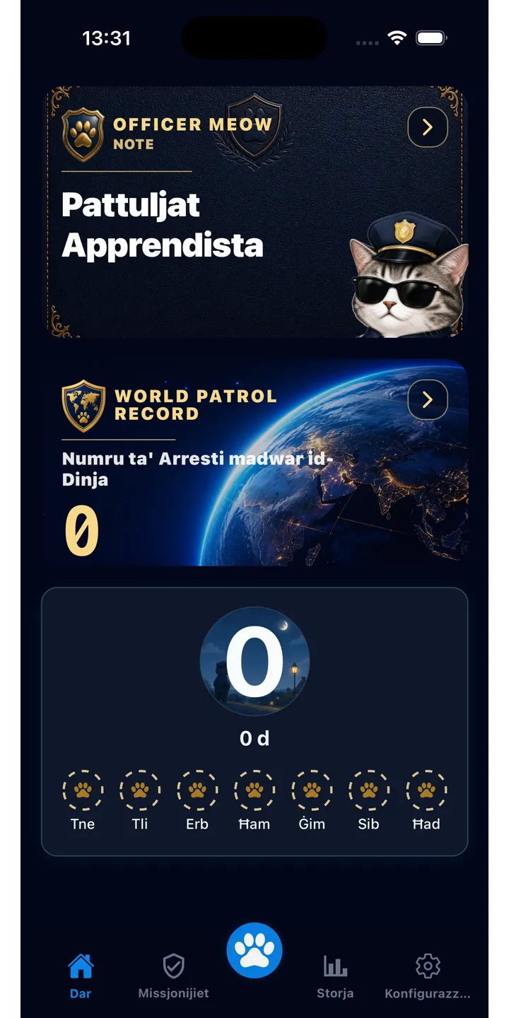 Officer Meow home screen showing today’s focus patrol