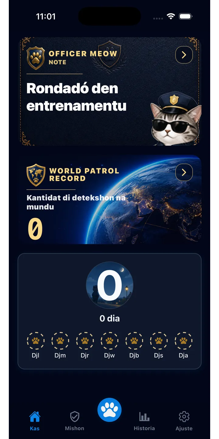 Officer Meow home screen showing today’s focus patrol