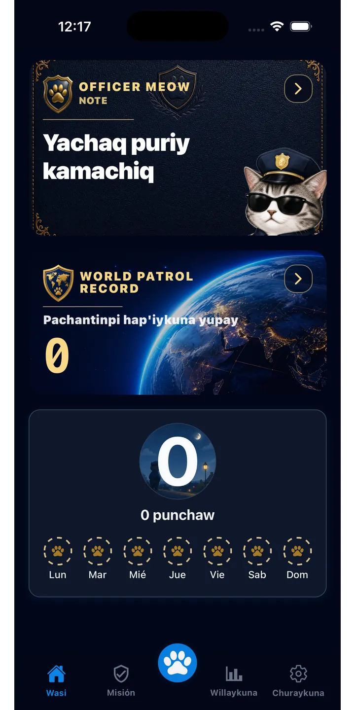 Officer Meow home screen showing today’s focus patrol