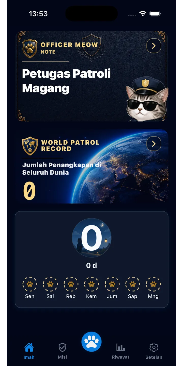 Officer Meow home screen showing today’s focus patrol