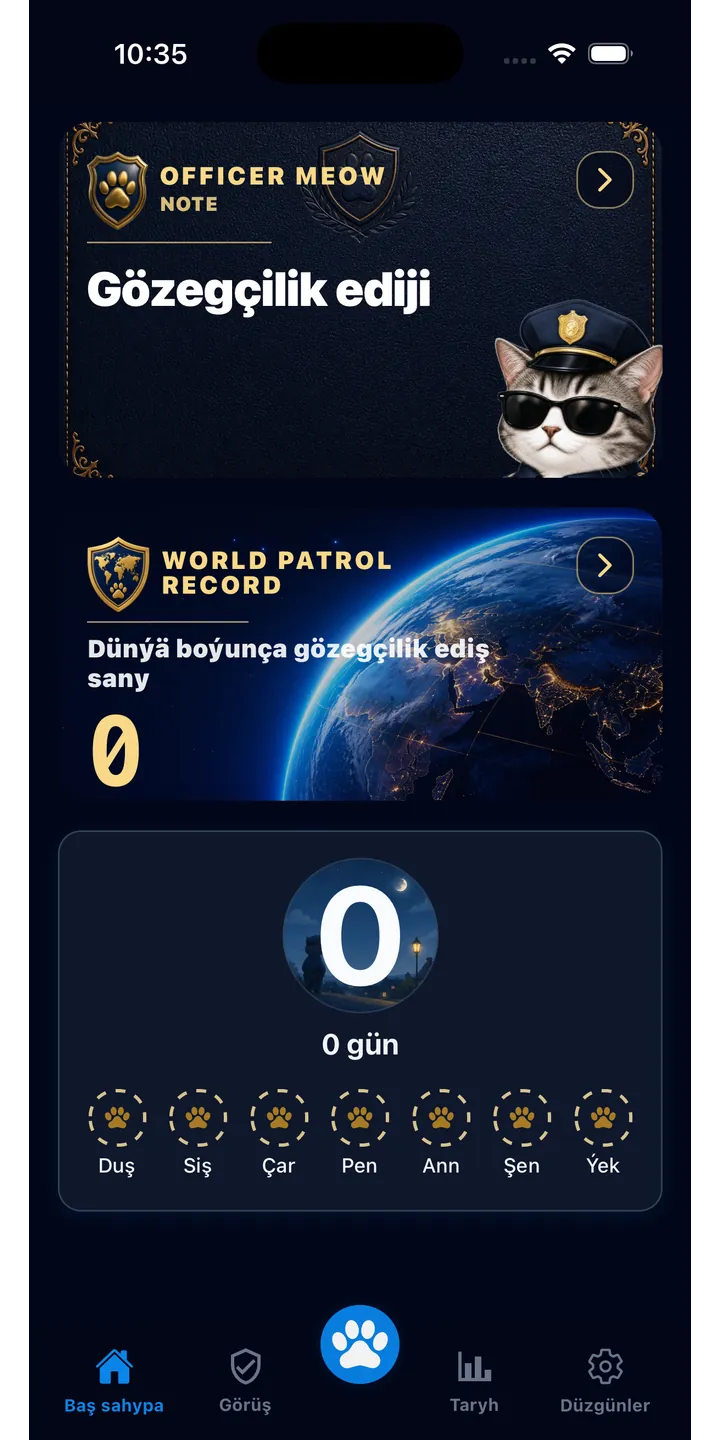 Officer Meow home screen showing today’s focus patrol