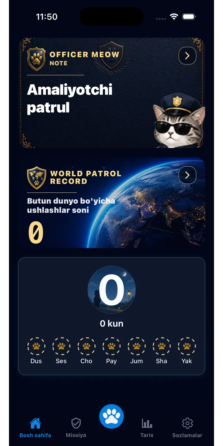 Officer Meow home screen showing today’s focus patrol