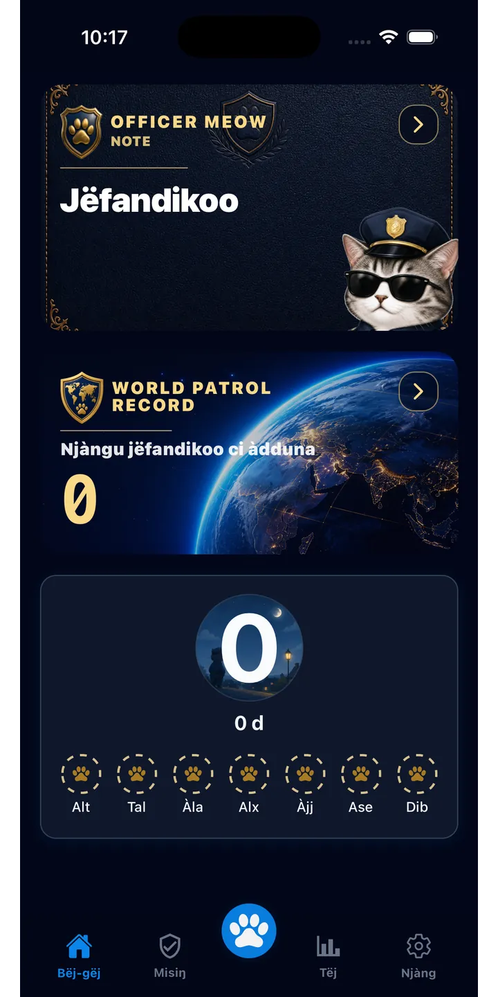 Officer Meow home screen showing today’s focus patrol