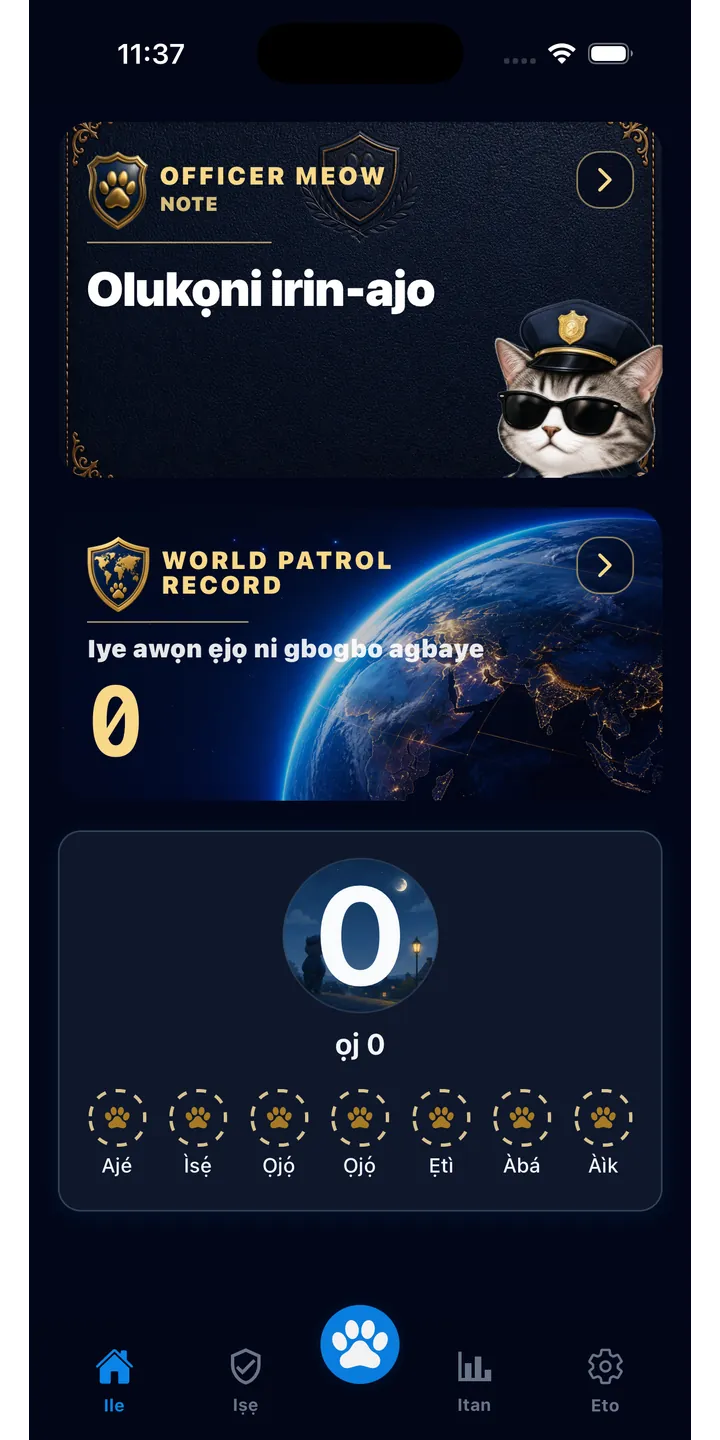 Officer Meow home screen showing today’s focus patrol