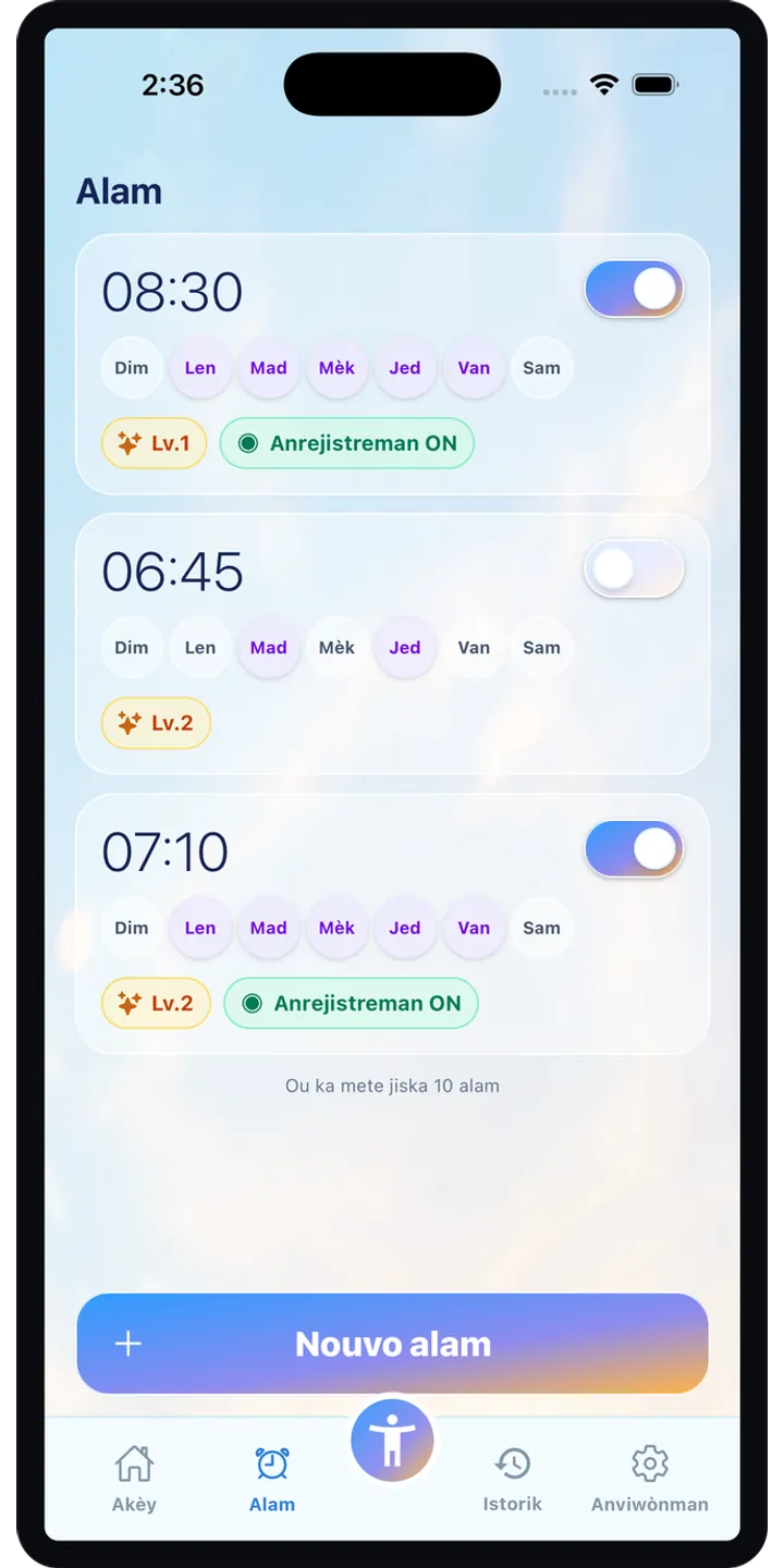 PoseUp alarm setup screenshot showing pose-based alarm details