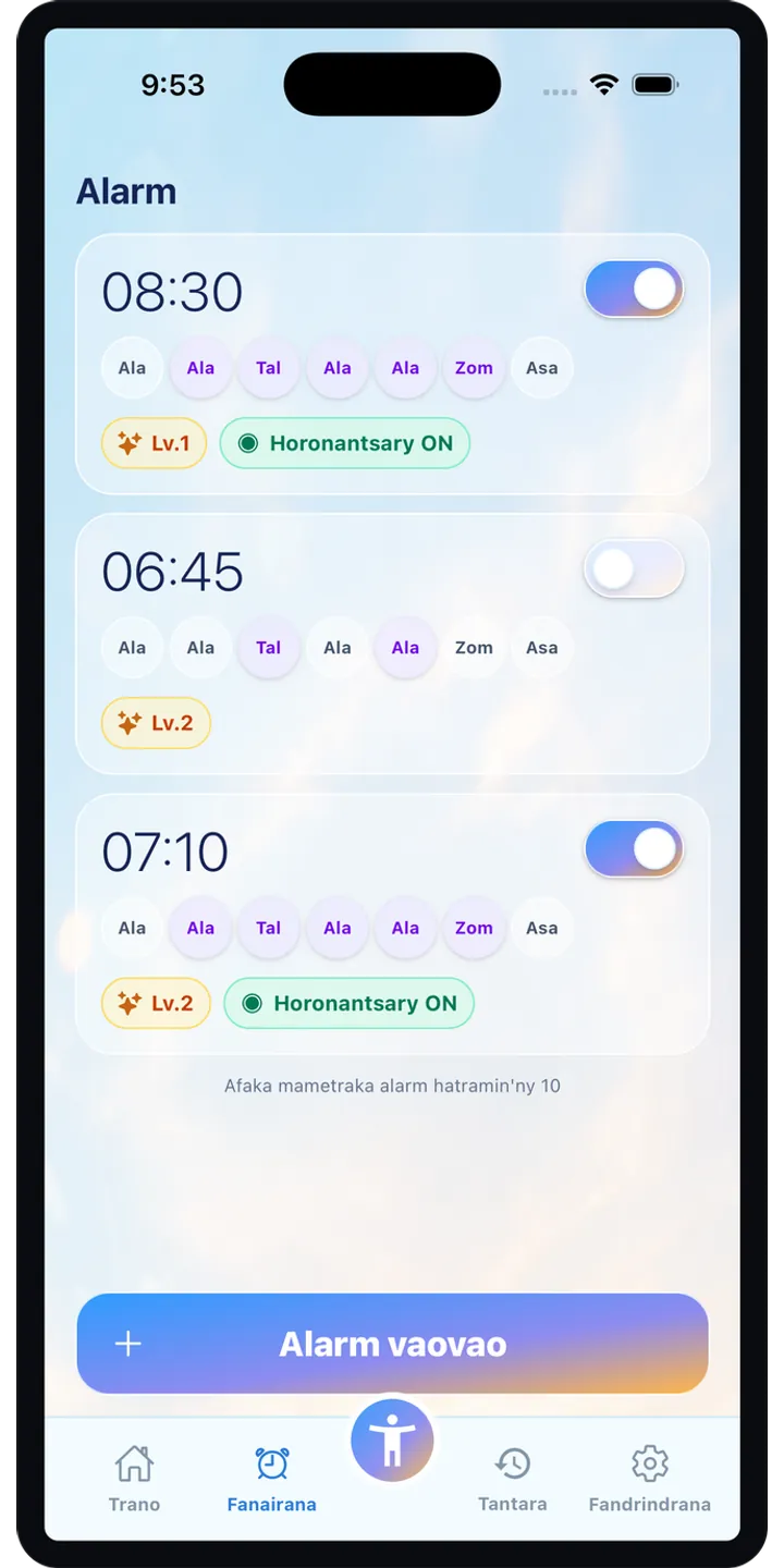 PoseUp alarm setup screenshot showing pose-based alarm details