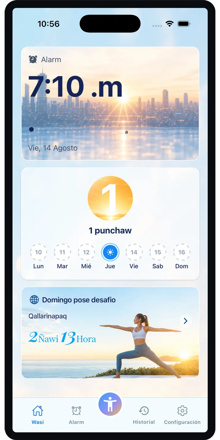 PoseUp home screen screenshot showing the wake-up challenge overview