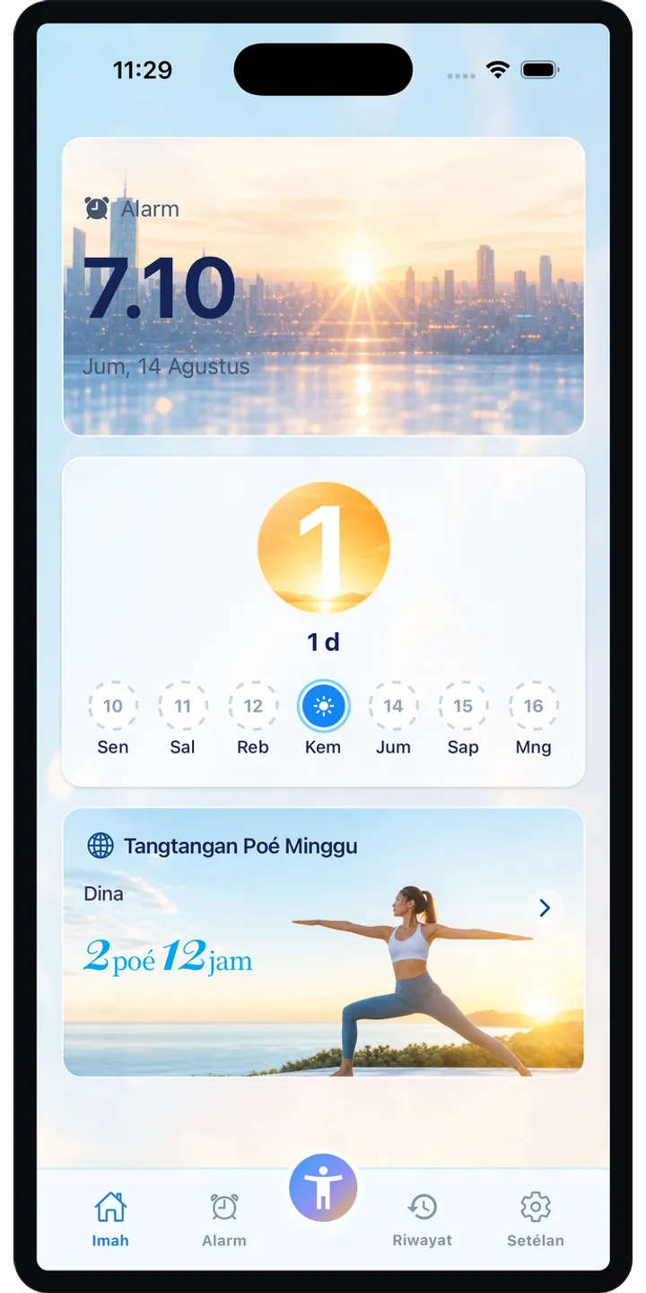 PoseUp home screen screenshot showing the wake-up challenge overview