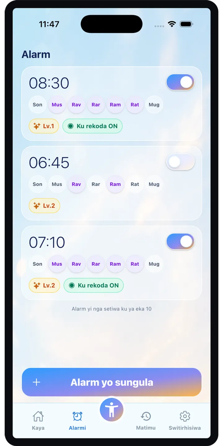 PoseUp alarm setup screenshot showing pose-based alarm details