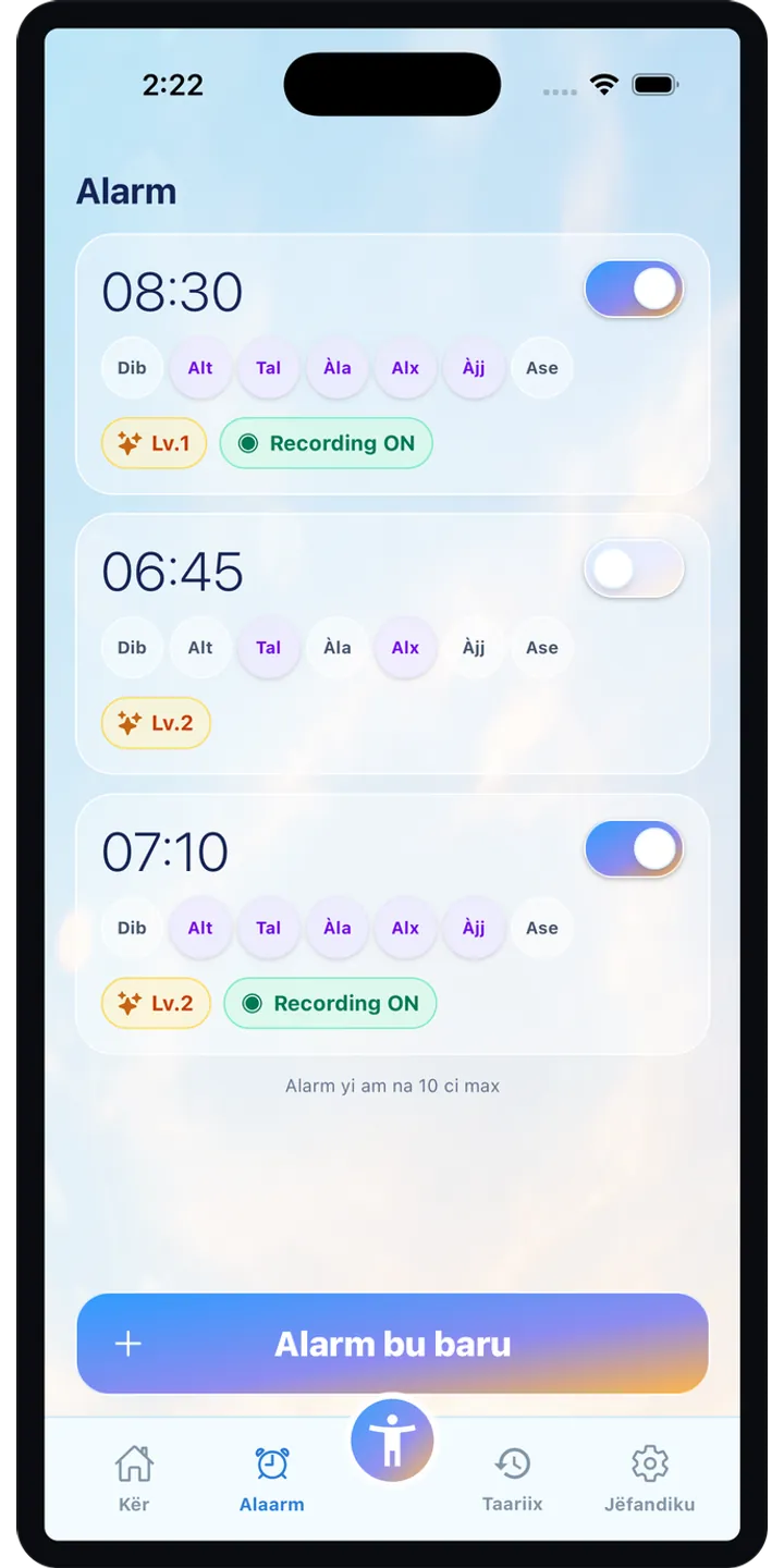 PoseUp alarm setup screenshot showing pose-based alarm details