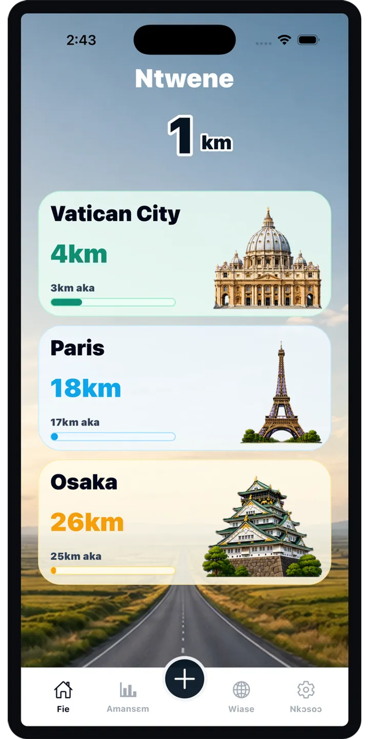 WorldStep home screen showing today’s record, current journey, and the world journey