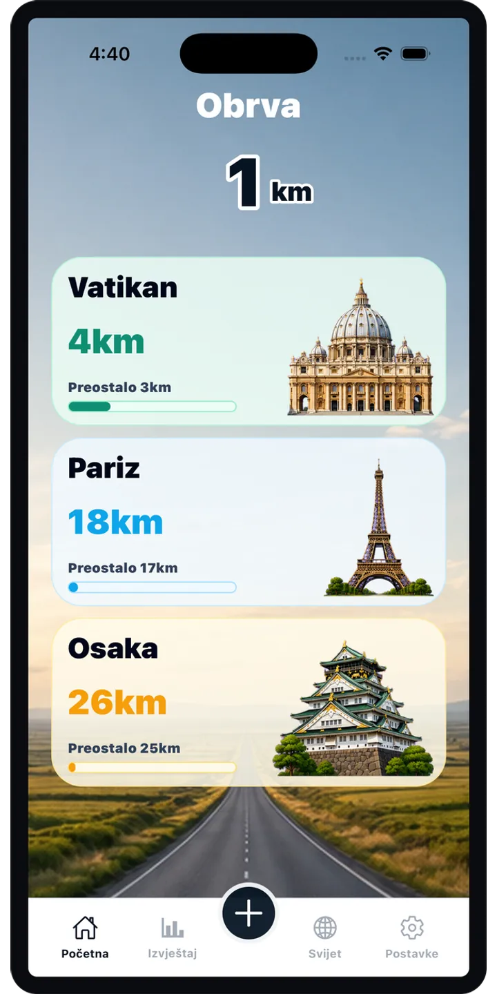 WorldStep home screen showing today’s record, current journey, and the world journey