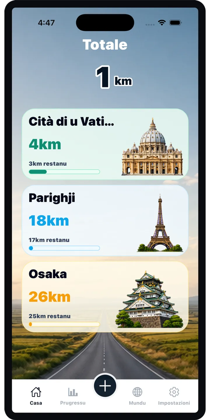 WorldStep home screen showing today’s record, current journey, and the world journey