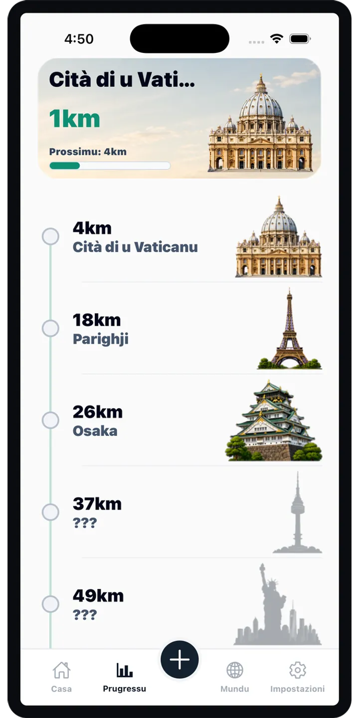 WorldStep journey screen showing your life distance mapped to world-scale destinations