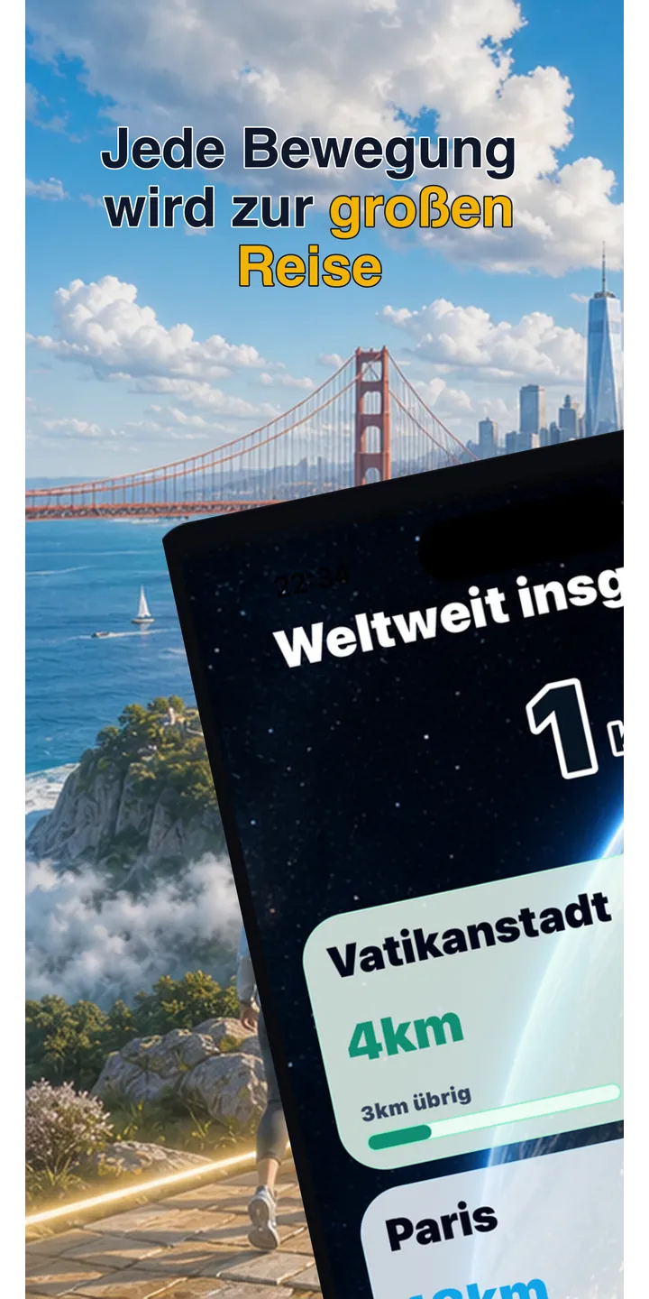 WorldStep home screen showing today’s record, current journey, and the world journey
