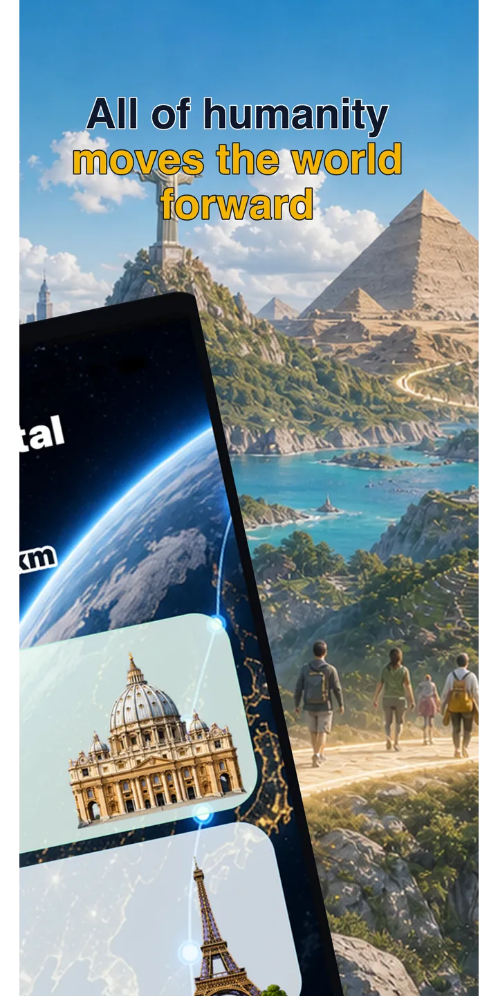 WorldStep journey screen showing your life distance mapped to world-scale destinations